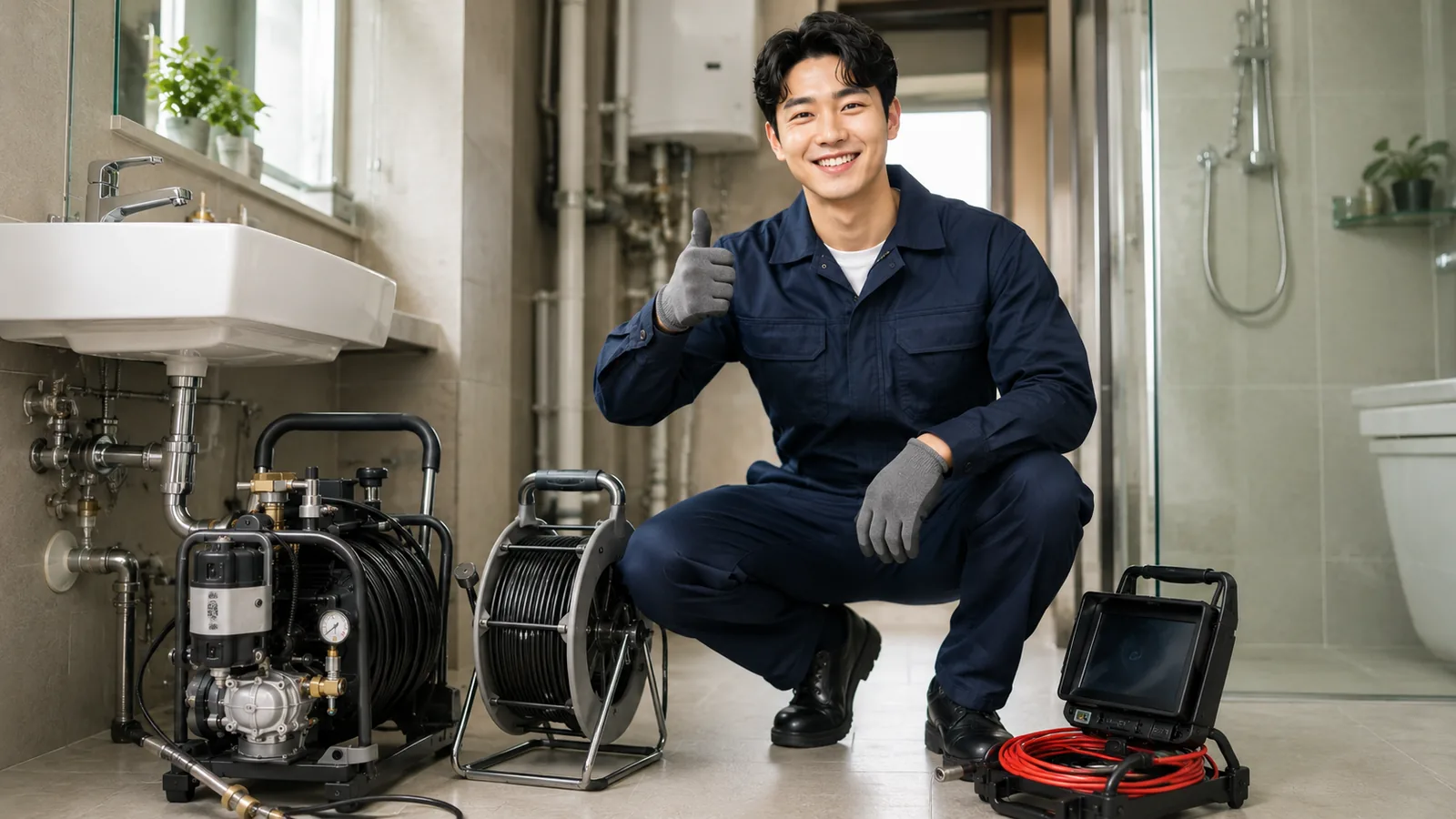 경기 동부 변기막힘 작업복 기술자와 변기내시경·전동스프링 전문 장비